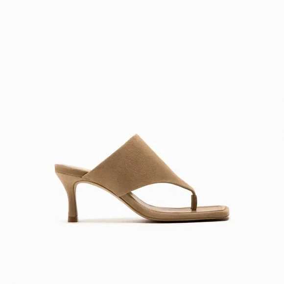 Zara Sandy Brown Toe Post Heeled Suede Leather Sandals - Picture 1 of 12
